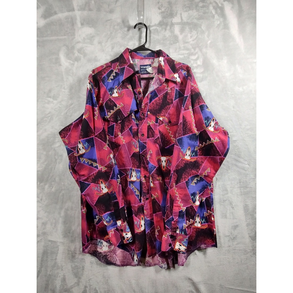Vintage Wrangler Cowboy Cut Western Shirt Steer Skull Geometric Magenta 16-36